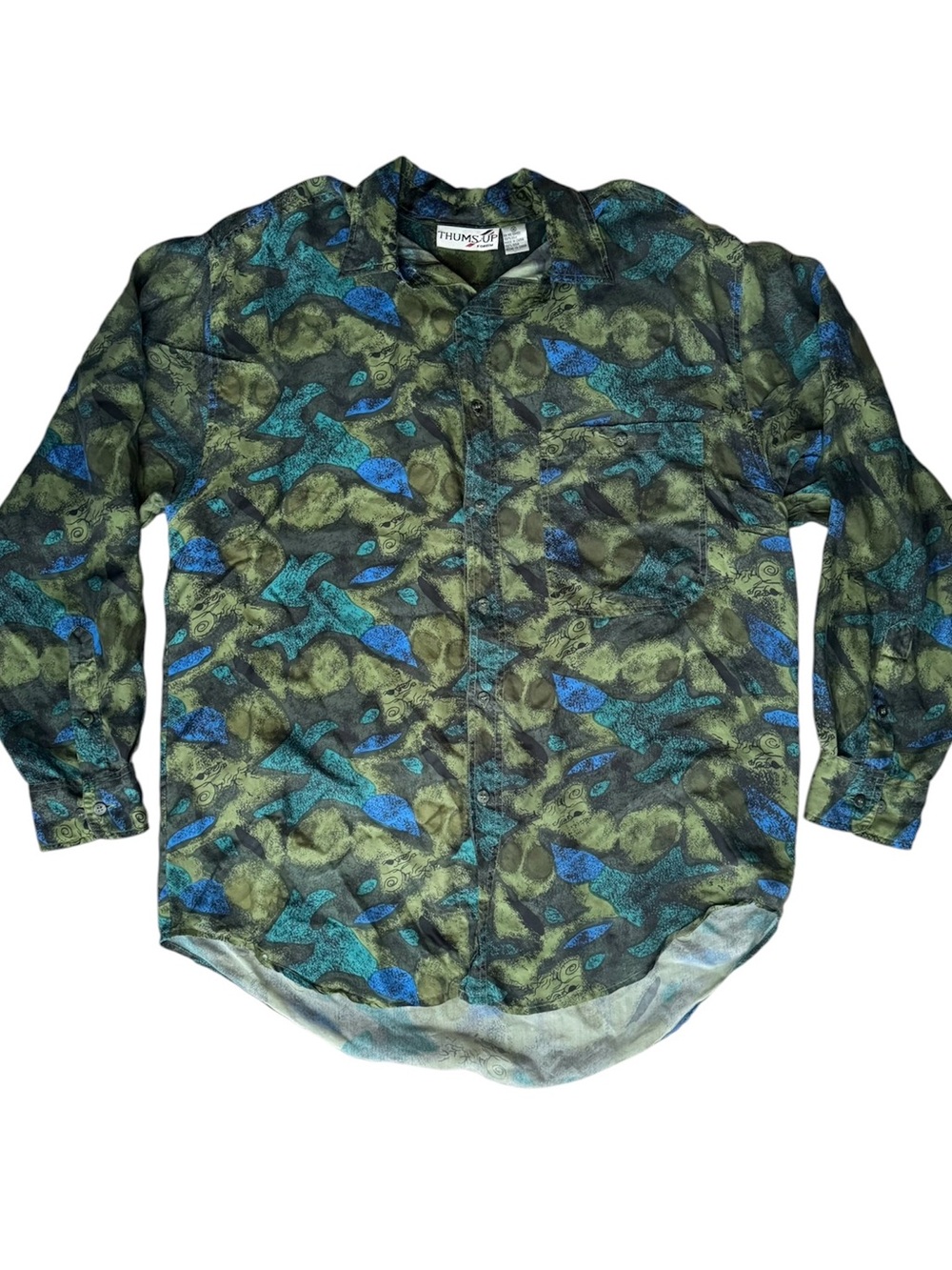 Vintage 100% Silk Abstract Print Button-Down Shirt - 90s Green Blue - Medium